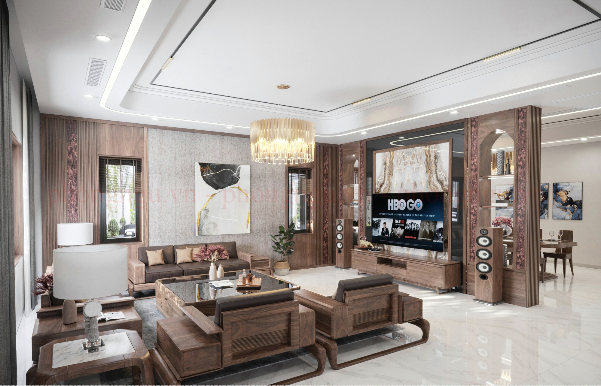 Phòng khách biệt thự với bộ sofa gỗ óc chó sang trọng, hiện đại