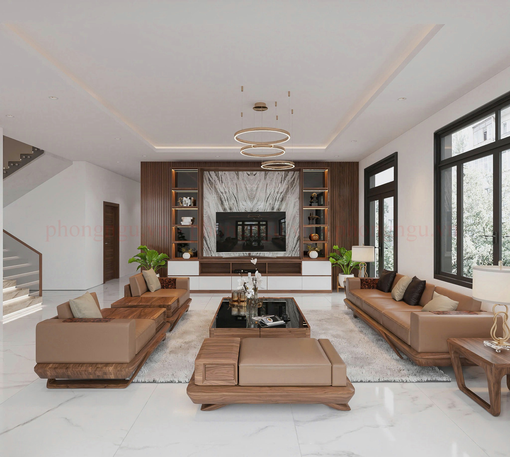 Phòng khách với nội thất gỗ Óc Chó