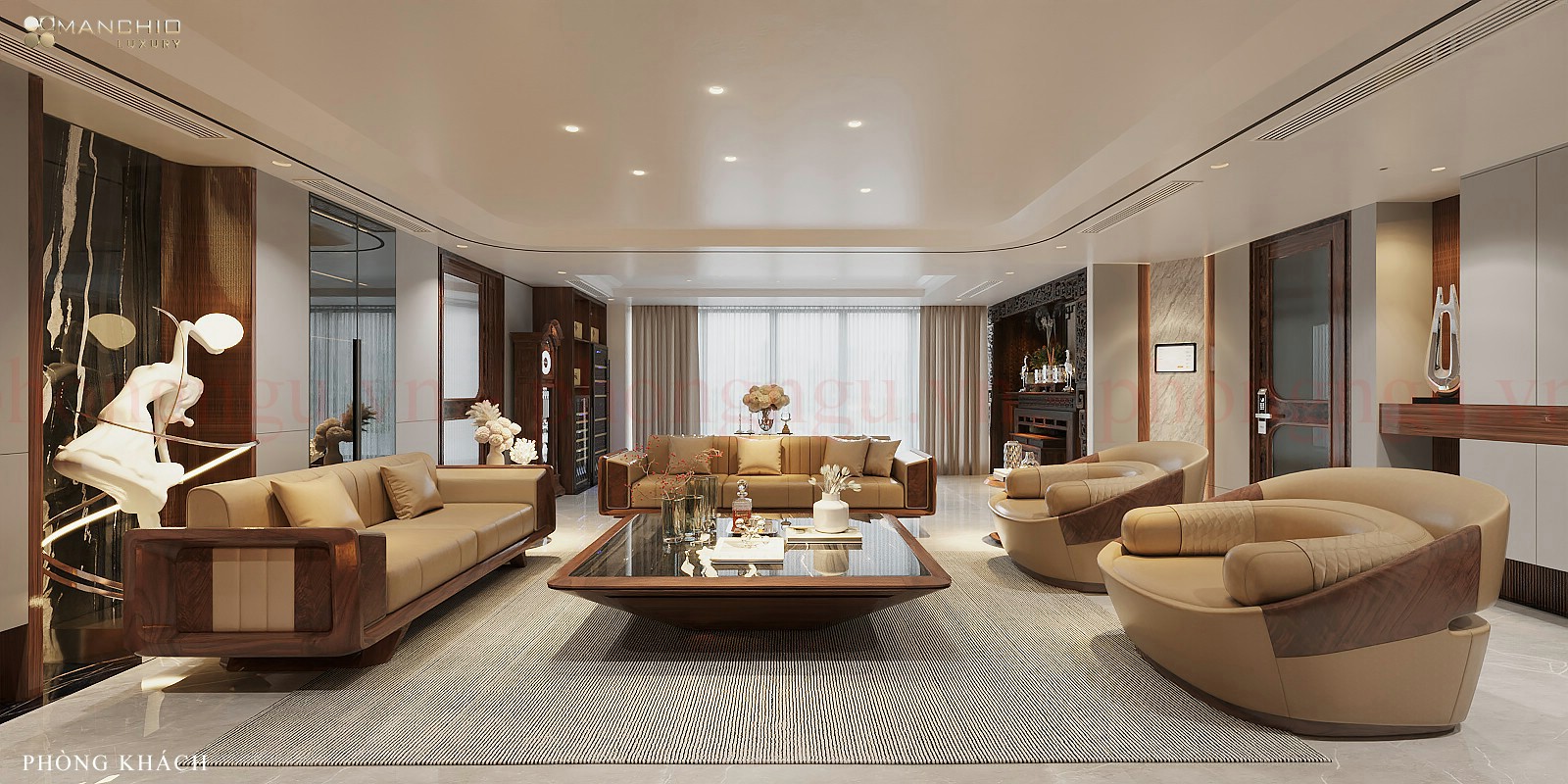 Sofa gỗ óc chó đẹp hiện đại trong phòng khách sang trọng