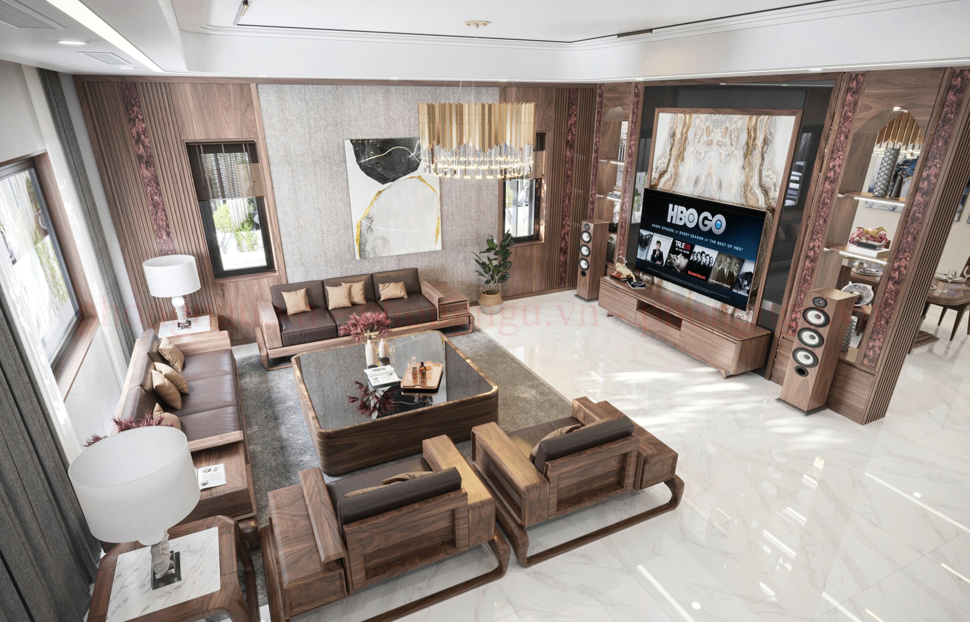 Phòng khách nhà liền kề hiện đại với nội thất gỗ óc chó và sofa bọc da cao cấp